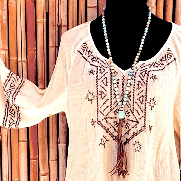 BRAND NEW AMAZONITE Gorgeou Aquamarine Stones with Leather Tassel Long Necklace - Picture 3 of 6